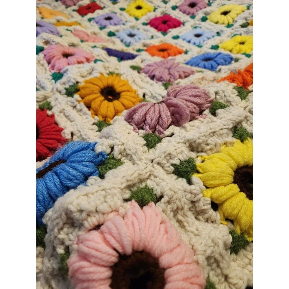 Vintage Crochet Afghan Throw Blanket Brwn unique Gran handmade Boho Hippie 72x75
